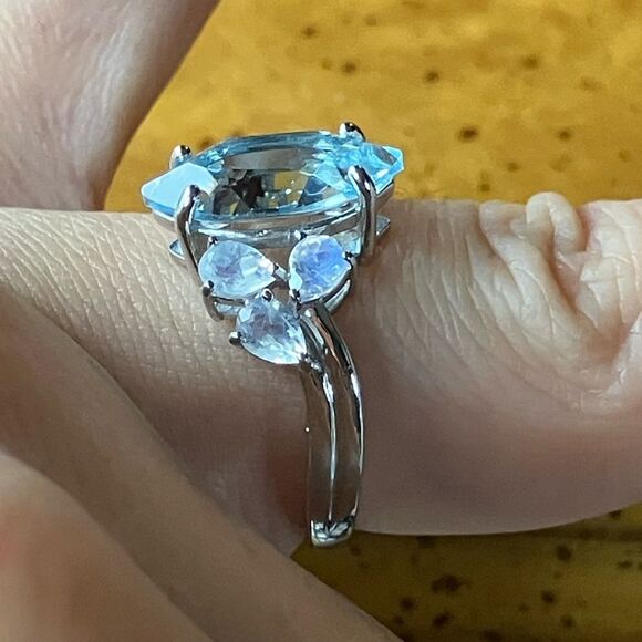 Genuine Sky Blue Topaz Rainbow Moonstone Sterling Silver Ring Size 7 - Picture 3 of 9